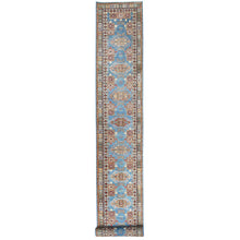 Load image into Gallery viewer, 3&#39;x24&#39;5&quot; Denim Blue, Natural Dyes Densely Woven, Pure Wool Hand Knotted, Afghan Super Kazak with Serrated Medallions, XL Runner Oriental Rug FWR495636