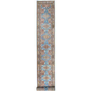 3'x24'5" Denim Blue, Natural Dyes Densely Woven, Pure Wool Hand Knotted, Afghan Super Kazak with Serrated Medallions, XL Runner Oriental Rug FWR495636