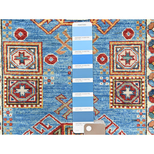 3'x24'5" Denim Blue, Natural Dyes Densely Woven, Pure Wool Hand Knotted, Afghan Super Kazak with Serrated Medallions, XL Runner Oriental Rug FWR495636