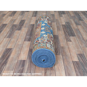 3'x24'5" Denim Blue, Natural Dyes Densely Woven, Pure Wool Hand Knotted, Afghan Super Kazak with Serrated Medallions, XL Runner Oriental Rug FWR495636