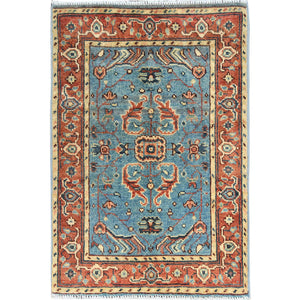 1'10"x2'9" Denim Blue, Afghan Peshawar with Serapi Heriz Design, Natural Dyes Densely Woven, Organic Wool Hand Knotted, Mat Oriental Rug FWR495744