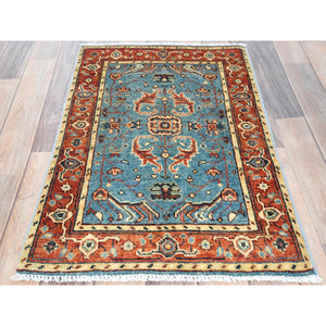 1'10"x2'9" Denim Blue, Afghan Peshawar with Serapi Heriz Design, Natural Dyes Densely Woven, Organic Wool Hand Knotted, Mat Oriental Rug FWR495744