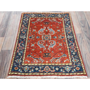 2'x2'10" Tomato Red, Afghan Peshawar with Serapi Heriz Design, Vegetable Dyes Dense Weave, Pure Wool Hand Knotted, Mat Oriental Rug FWR495786
