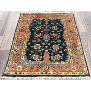 2'x2'8" Navy Blue, Hand Knotted Afghan Peshawar with All Over Heriz Design, Natural Dyes Densely Woven, Soft Wool, Mat Oriental Rug FWR495792