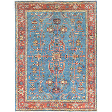 Load image into Gallery viewer, 4&#39;1&quot;x6&#39; Light Blue, Hand Knotted Afghan Peshawar with All Over Serapi Heriz Design, Natural Dyes Densely Woven, Pure Wool, Oriental Rug FWR495816