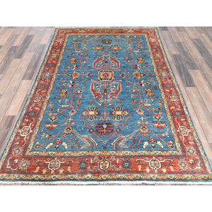 4'1"x6' Light Blue, Hand Knotted Afghan Peshawar with All Over Serapi Heriz Design, Natural Dyes Densely Woven, Pure Wool, Oriental Rug FWR495816
