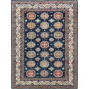9'x11'10" Navy Blue, Soft Wool Hand Knotted, Afghan Super Kazak with Geometric Medallions, Natural Dyes Densely Woven, Oriental Rug FWR495852