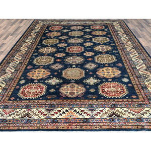 9'x11'10" Navy Blue, Soft Wool Hand Knotted, Afghan Super Kazak with Geometric Medallions, Natural Dyes Densely Woven, Oriental Rug FWR495852