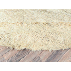 12'1"x12'1" Beige, Shaggy Moroccan Exotic Texture, Undyed Natural Wool Hand Knotted, Round Oriental Rug FWR495948