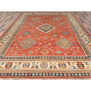 9'x11'9" Crimson Red, Special Kazak with All Over Medallions Natural Dyes, Extra Soft Wool Hand Knotted, Oriental Rug FWR496254