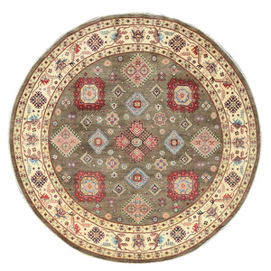 9'x9' Taupe Brown, Special Kazak with All Over Pattern Natural Dyes, Organic Wool Hand Knotted, Round Oriental Rug FWR496266