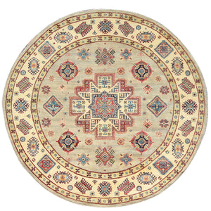 8'x7'9" Pale Goldenrod, Special Kazak with Large Medallion Natural Dyes, 100% Wool Hand Knotted, Round Oriental Rug FWR496272
