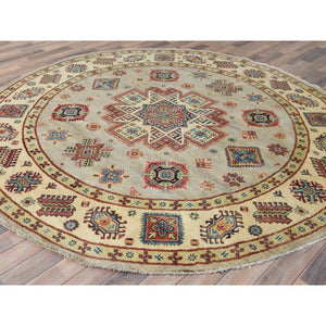 8'x7'9" Pale Goldenrod, Special Kazak with Large Medallion Natural Dyes, 100% Wool Hand Knotted, Round Oriental Rug FWR496272