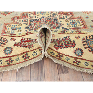 8'x7'9" Pale Goldenrod, Special Kazak with Large Medallion Natural Dyes, 100% Wool Hand Knotted, Round Oriental Rug FWR496272