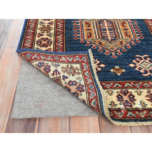 2'9"x13'6" Prussian Blue, Afghan Super Kazak with Large Medallions, Natural Dyes, Densely Woven, Soft Wool, Hand Knotted, Runner Oriental Rug FWR496320