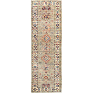 2'10"x8'3" Ecru Color, 100% Wool Hand Knotted, Afghan Super Kazak, Natural Dyes Densely Woven, Runner Oriental Rug FWR496416