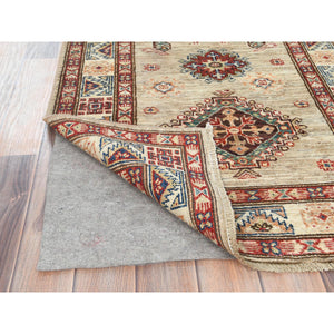 2'8"x8'3" Ecru Color, Hand Knotted Afghan Super Kazak with Geometric Medallions, Natural Dyes Dense Weave, Extra Soft Wool, Runner Oriental Rug FWR496434