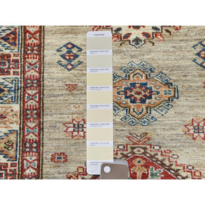 2'8"x8'3" Ecru Color, Hand Knotted Afghan Super Kazak with Geometric Medallions, Natural Dyes Dense Weave, Extra Soft Wool, Runner Oriental Rug FWR496434