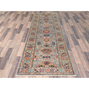2'9"x7'10" Pastel Gray, Dense Weave Organic Wool Hand Knotted, Afghan Super Kazak with Colorful Medallions, Natural Dyes, Runner Oriental Rug FWR496446