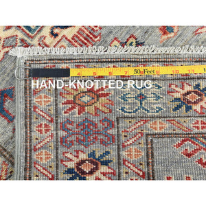 2'9"x7'10" Pastel Gray, Dense Weave Organic Wool Hand Knotted, Afghan Super Kazak with Colorful Medallions, Natural Dyes, Runner Oriental Rug FWR496446