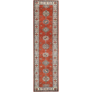 2'8"x9'9" Fire Brick Afghan Super Kazak With Geometric Medallions, Natural Dyes, Densely Woven, 100% Wool, Hand Knotted, Runner Oriental Rug FWR496632