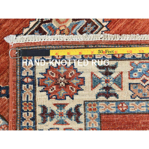 2'8"x9'9" Fire Brick Afghan Super Kazak With Geometric Medallions, Natural Dyes, Densely Woven, 100% Wool, Hand Knotted, Runner Oriental Rug FWR496632