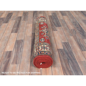 2'9"x10'5" Fire Brick, Afghan Super Kazak With Geometric Medallions, Natural Dyes, Dense Weave, Extra Soft Wool, Hand Knotted, Runner Oriental Rug FWR496650