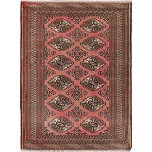 3'3"x4'7" Salmon Red, Vintage Persian Turkoman Bokara, Worn Down, Pure Wool, Hand Knotted, Oriental Rug FWR496734