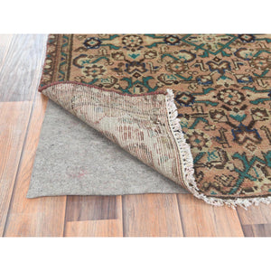 3'x5'4" Sand Color, Hand Knotted, Bohemian Vintage Persian Hamadan with All Over Small Birds Figurines, Sheared Low, Worn Wool, Narrow Runner, Oriental Rug FWR496740