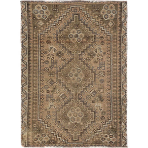 3'x4'1" Tortilla Brown, Pure Wool, Hand Knotted, Semi Antique Persian Shiraz, Worn Down, Oriental Rug FWR496830