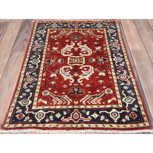 2'x2'10" Imperial Red, 100% Wool Hand Knotted, Afghan Peshawar with All Over Heriz Design Natural Dyes, Mat Oriental Rug FWR497160