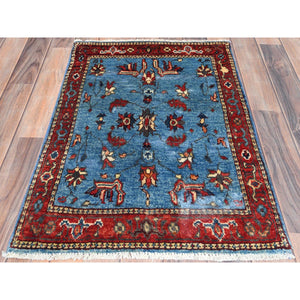 2'1"x2'10" Carolina Blue, Afghan Peshawar with All Over Heriz Design, Natural Dyes, Organic Wool, Hand Knotted, Mat Oriental Rug FWR497226