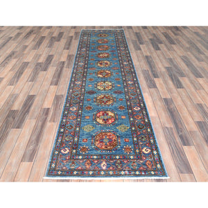 2'8"x9'10" Steel Blue, Afghan Super Kazak with Large Medallions, Natural Dyes, Dense Weave, Extra Soft Wool, Hand Knotted, Runner Oriental Rug FWR497322