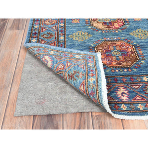 2'8"x9'10" Steel Blue, Afghan Super Kazak with Large Medallions, Natural Dyes, Dense Weave, Extra Soft Wool, Hand Knotted, Runner Oriental Rug FWR497322
