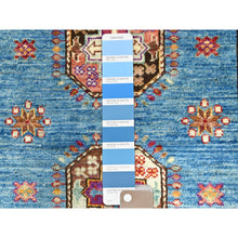 Load image into Gallery viewer, 2&#39;8&quot;x9&#39;10&quot; Steel Blue, Afghan Super Kazak with Large Medallions, Natural Dyes, Dense Weave, Extra Soft Wool, Hand Knotted, Runner Oriental Rug FWR497322