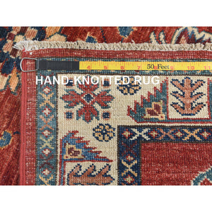 2'9"x11'6" Fire Brick, Afghan Super Kazak With Geometric Medallions, Natural Dyes, Dense Weave, Organic Wool, Hand Knotted, Runner Oriental Rug FWR497406