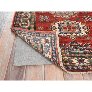 2'9"x11'10" Fire Brick, Afghan Super Kazak With Geometric Medallions, Natural Dyes, Densely Woven, 100% Wool, Hand Knotted, Runner Oriental Rug FWR497412