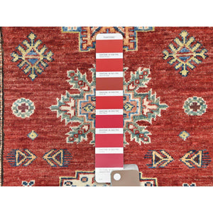 2'9"x11'10" Fire Brick, Afghan Super Kazak With Geometric Medallions, Natural Dyes, Densely Woven, 100% Wool, Hand Knotted, Runner Oriental Rug FWR497412