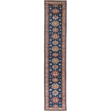 Load image into Gallery viewer, 2&#39;9&quot;x13&#39;9&quot; Indigo Blue, Afghan Super Kazak with Geometric Medallions, Natural Dyes Dense Weave, Pure Wool Hand Knotted, Runner Oriental Rug FWR497454