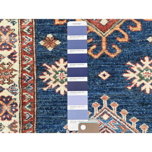 2'9"x13'7" Azure Blue, Soft Wool Hand Knotted, Afghan Super Kazak with Geometric Medallions Design, Natural Dyes, Runner Oriental Rug FWR497460