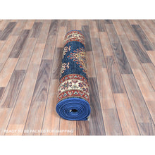 Load image into Gallery viewer, 2&#39;9&quot;x13&#39;7&quot; Azure Blue, Soft Wool Hand Knotted, Afghan Super Kazak with Geometric Medallions Design, Natural Dyes, Runner Oriental Rug FWR497460