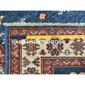 2'9"x13'7" Azure Blue, Soft Wool Hand Knotted, Afghan Super Kazak with Geometric Medallions Design, Natural Dyes, Runner Oriental Rug FWR497460