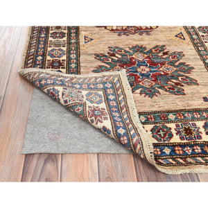 3'x13'6" Tortilla Brown, Hand Knotted Afghan Super Kazak with Geometric Medallions Design, Natural Dyes Dense Weave, Extra Soft Wool, Runner Oriental Rug FWR497466