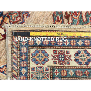 3'x13'6" Tortilla Brown, Hand Knotted Afghan Super Kazak with Geometric Medallions Design, Natural Dyes Dense Weave, Extra Soft Wool, Runner Oriental Rug FWR497466