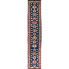 Load image into Gallery viewer, 2&#39;10&quot;x13&#39;8&quot; Navy Blue, Afghan Super Kazak with Geometric Medallions Design, Natural Dyes, Densely Woven, Natural Wool, Hand Knotted, Runner Oriental Rug FWR497472