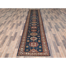 Load image into Gallery viewer, 2&#39;10&quot;x13&#39;8&quot; Navy Blue, Afghan Super Kazak with Geometric Medallions Design, Natural Dyes, Densely Woven, Natural Wool, Hand Knotted, Runner Oriental Rug FWR497472