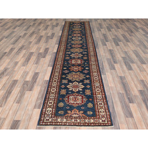 2'10"x13'8" Navy Blue, Afghan Super Kazak with Geometric Medallions Design, Natural Dyes, Densely Woven, Natural Wool, Hand Knotted, Runner Oriental Rug FWR497472