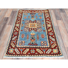 Load image into Gallery viewer, 1&#39;10&quot;x3&#39;1&quot; Powder Blue, Special Kazak with All Over Pattern Natural Dyes, Pure Wool Hand Knotted, Mat Oriental Rug FWR497598