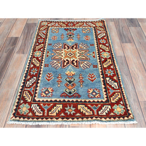 1'10"x3'1" Powder Blue, Special Kazak with All Over Pattern Natural Dyes, Pure Wool Hand Knotted, Mat Oriental Rug FWR497598