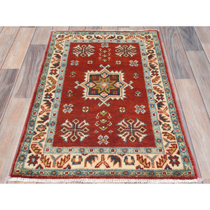 2'x3' Chili Red, Hand Knotted Special Kazak with Geometric Design, Natural Dyes, Pure Wool, Oriental, Mat Rug FWR497634